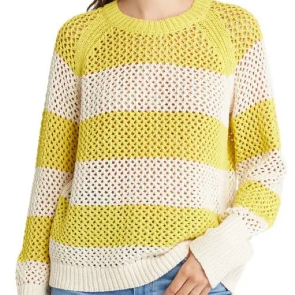All Saints Yellow and Off-White Stripe Crochet Pullover Sweater